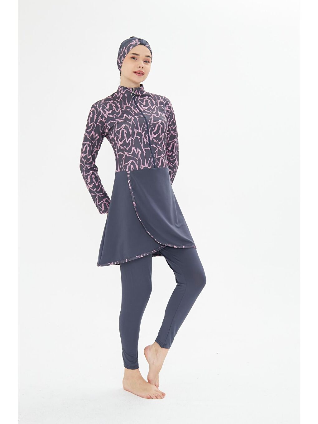 Tam Kapalı Elastanlı Desenli Etekli Tesettür Mayo Antrasit 3482-A-4