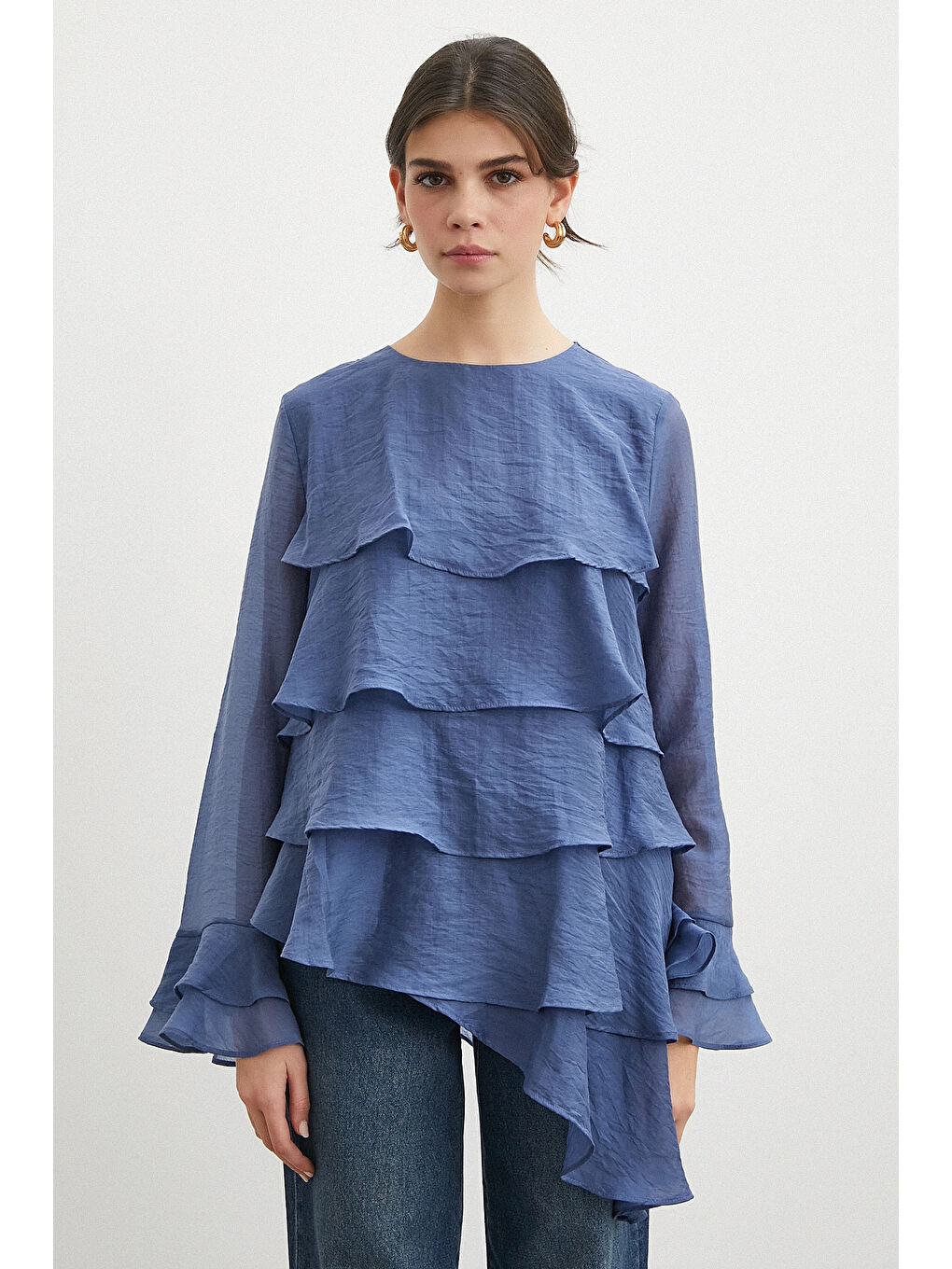 Kol Detaylı Katlı Uzun Kol Bluz Lacivert-3