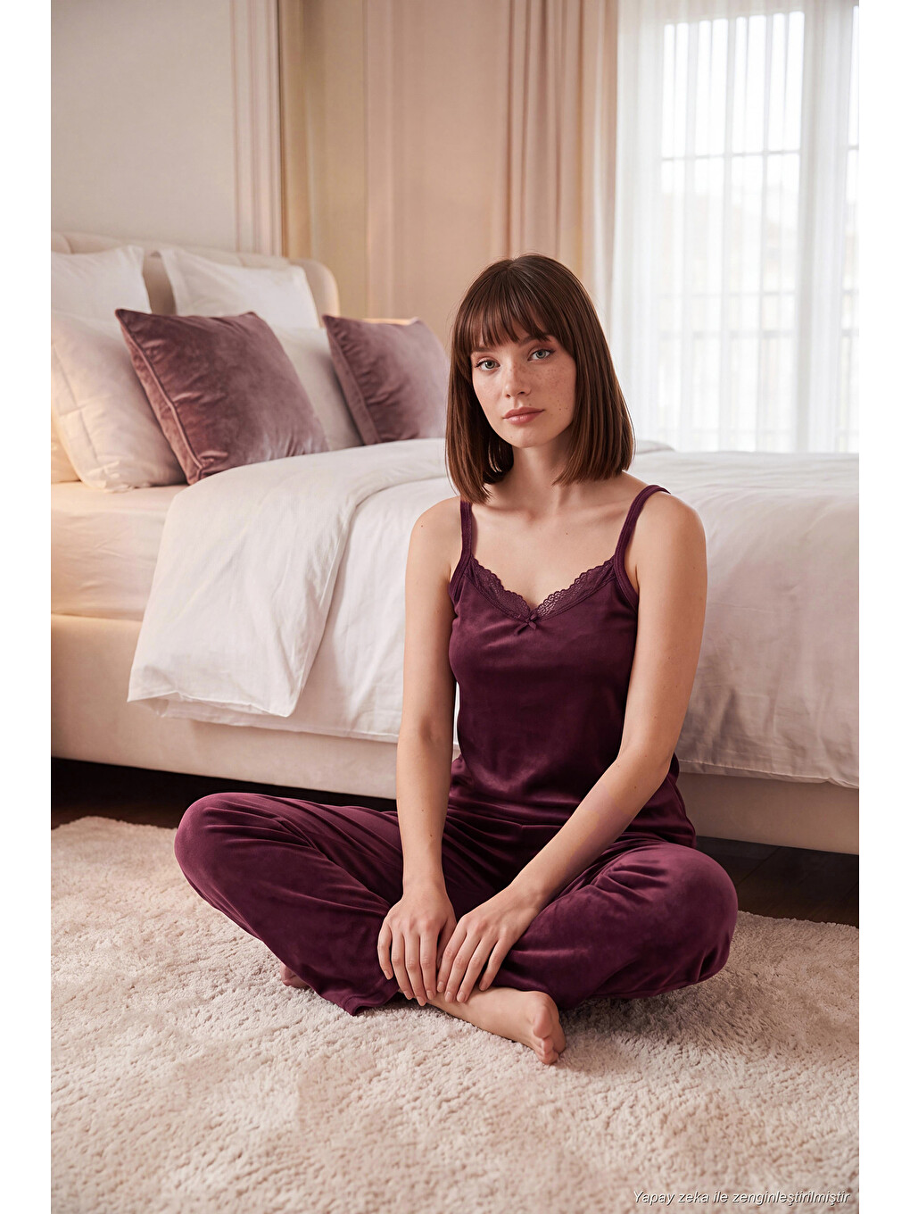 Mürdüm Regular Fit Dantelli Yumuşak Dokulu Sabahlıklı Kadife Kadın Pijama Takımı 6095545-1
