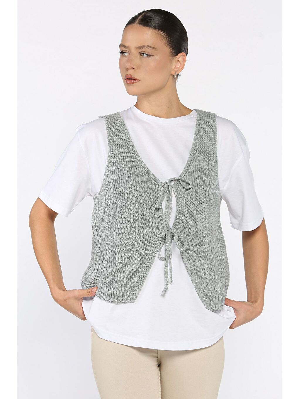 Gri Kadın Ön Bağlamalı Triko Yelek (s-m-l-xl Uyumludur)-1