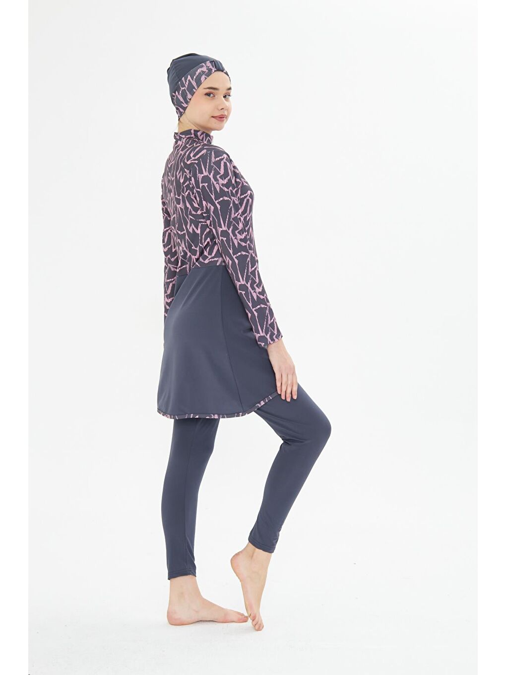 Tam Kapalı Elastanlı Desenli Etekli Tesettür Mayo Antrasit 3482-A-5