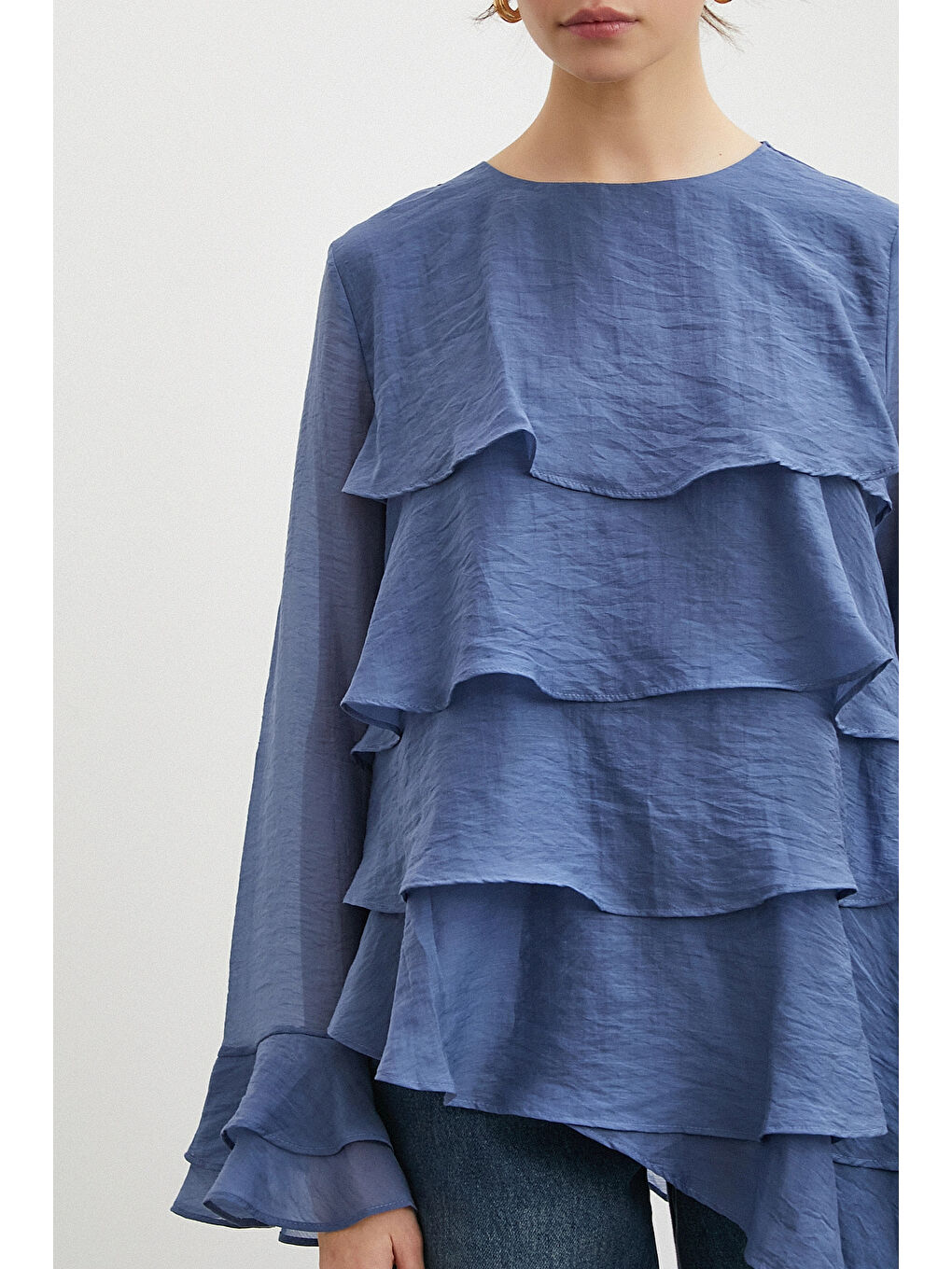 Kol Detaylı Katlı Uzun Kol Bluz Lacivert-4