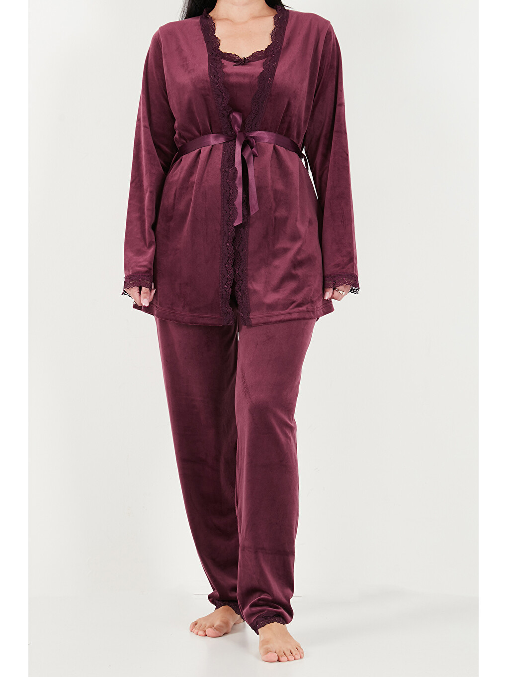 Mürdüm Regular Fit Dantelli Yumuşak Dokulu Sabahlıklı Kadife Kadın Pijama Takımı 6095545-4