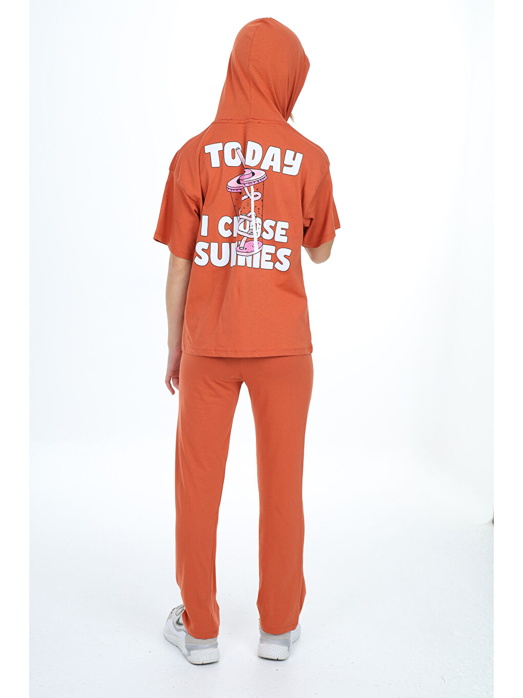 Kahverengi Kız Çocuk Kapüşonlu Alt Üst Yazlık Takım 12153-1