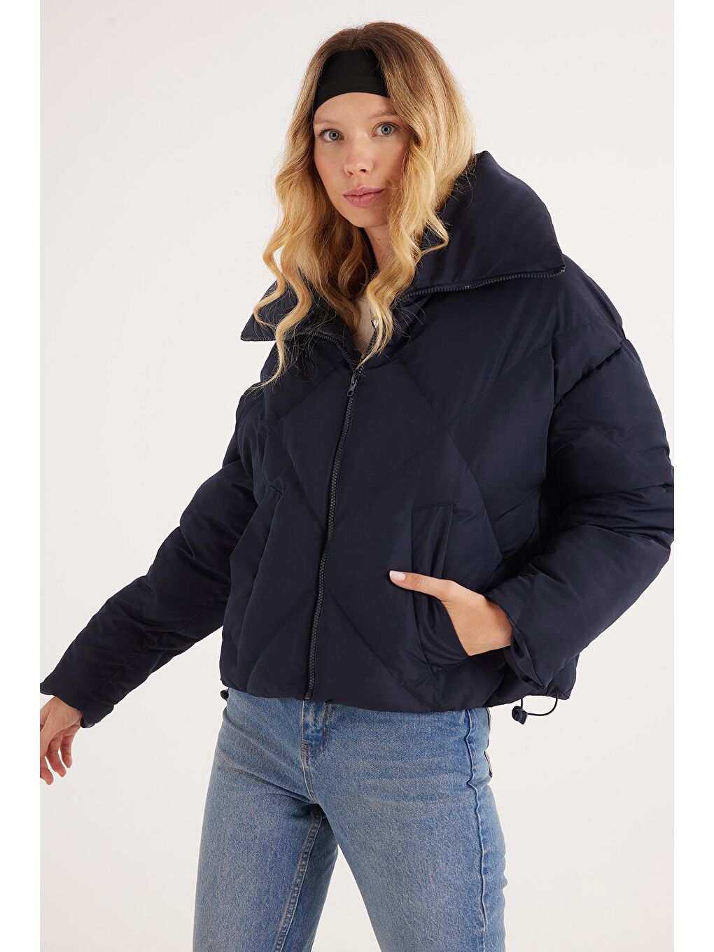 Kadın Oversize Geniş Kesim Şişme Dik Yaka Lacivert Mont-4