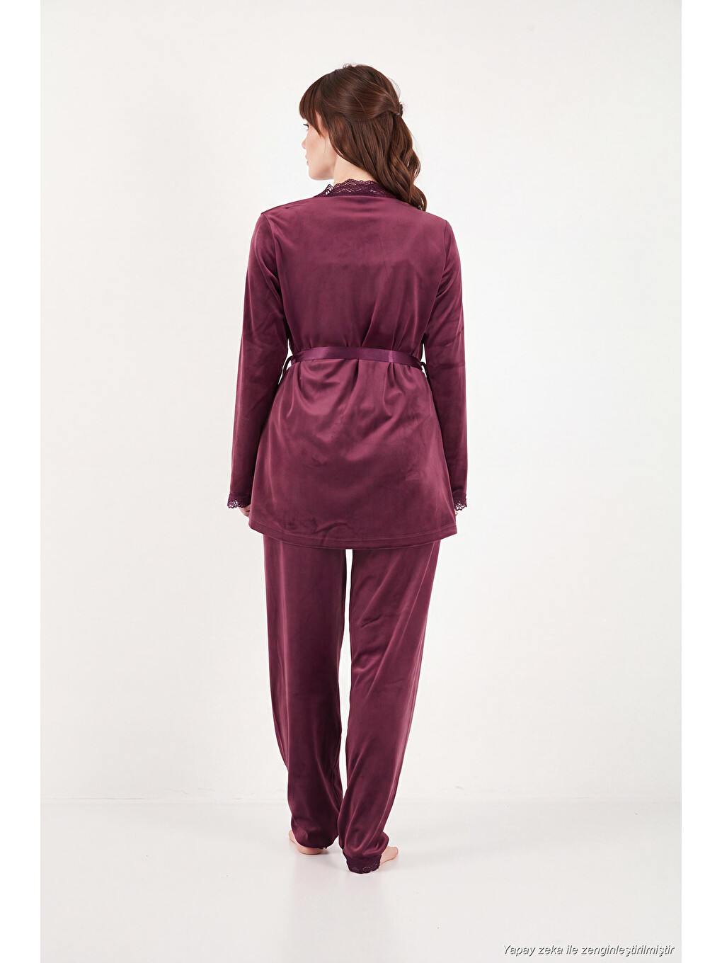 Mürdüm Regular Fit Dantelli Yumuşak Dokulu Sabahlıklı Kadife Kadın Pijama Takımı 6095545-6