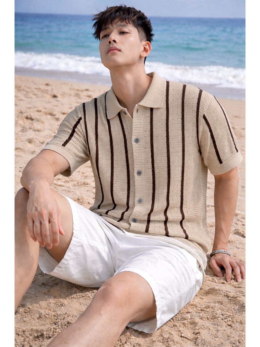 Bej Çizgili Erkek Triko Gömlek Yaka Hırka Yazlık Rahat Kesim-1