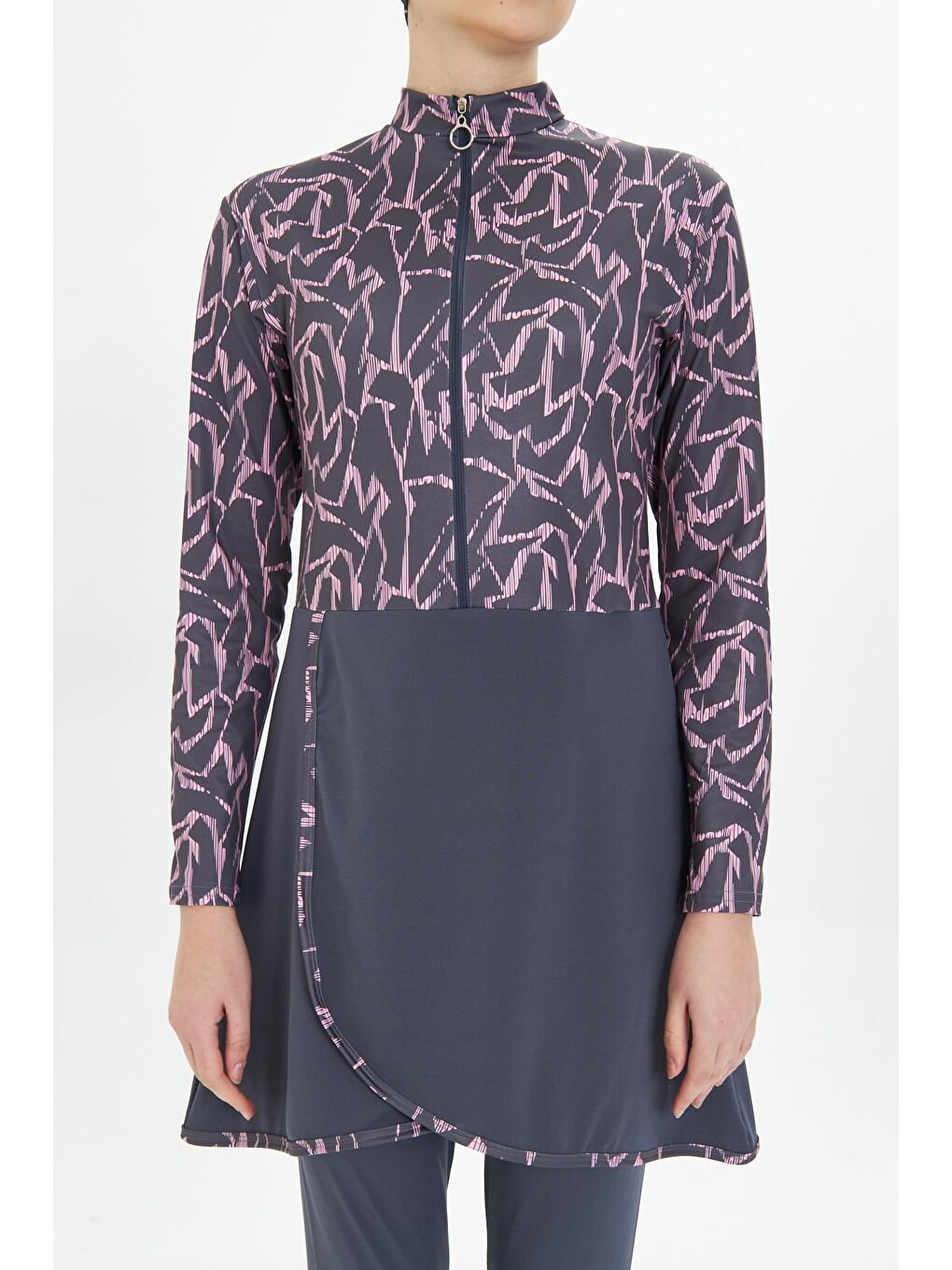 Tam Kapalı Elastanlı Desenli Etekli Tesettür Mayo Antrasit 3482-A-7