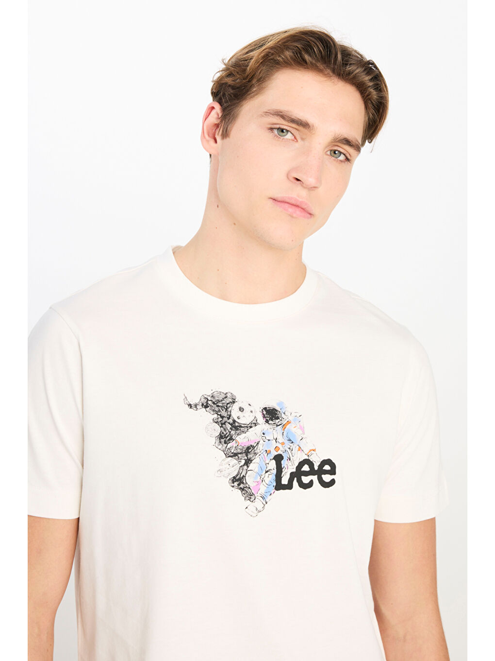 %100 Pamuk Regular Fit Normal Kesim Bisiklet Yaka Kırık Beyaz Tişört-3