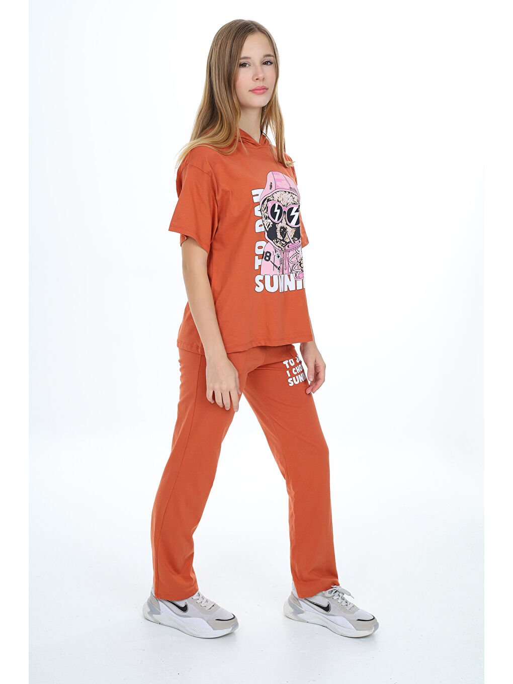 Kahverengi Kız Çocuk Kapüşonlu Alt Üst Yazlık Takım 12153-3