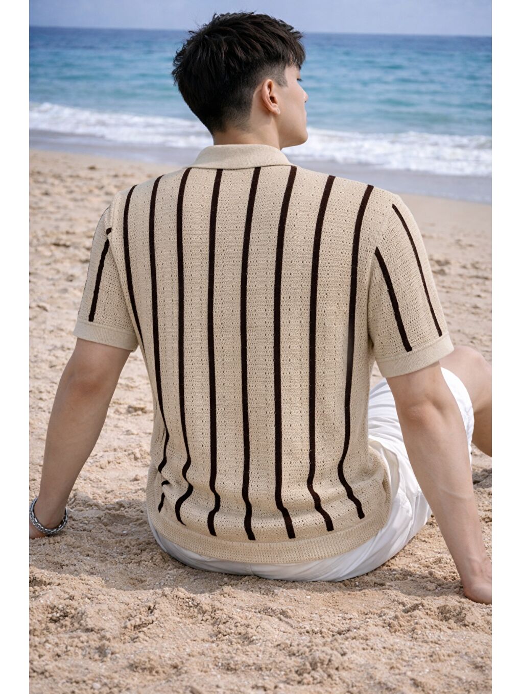 Bej Çizgili Erkek Triko Gömlek Yaka Hırka Yazlık Rahat Kesim-2