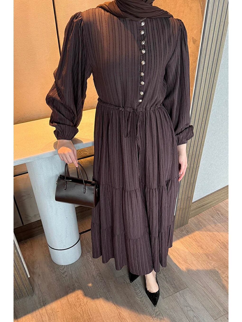 Biritli Tesettür Elbise Acı Kahverengi-2