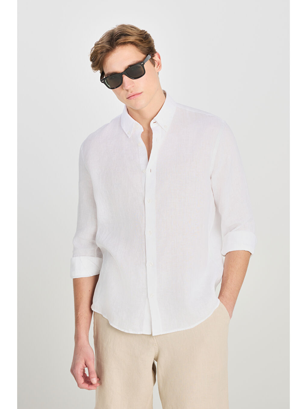 %100 Keten Regular Fit Normal Kesim Beyaz Gömlek