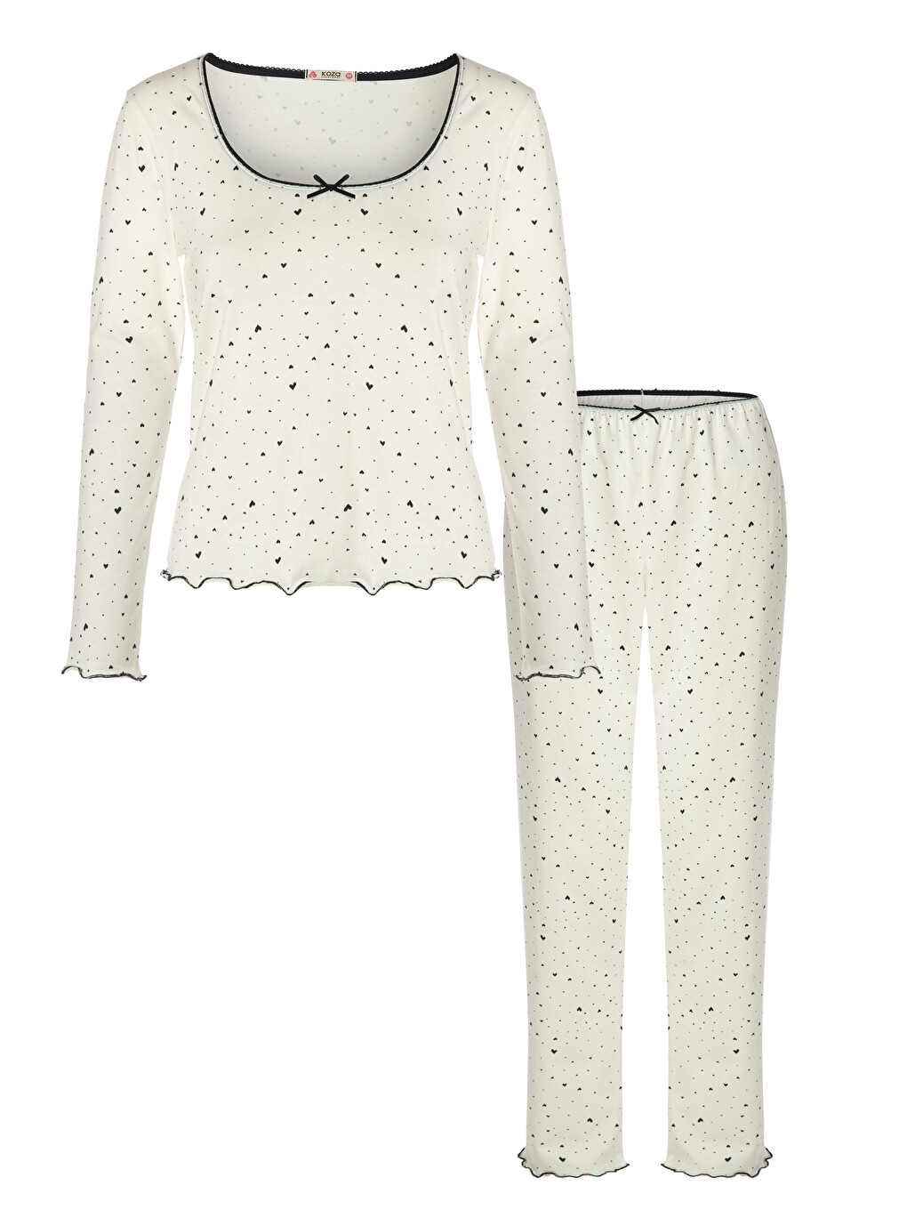 Siyah Kadın Pamuklu Uzun Kollu Kalıp Desenli Fiyonk Detaylı Pijama Takımı-4