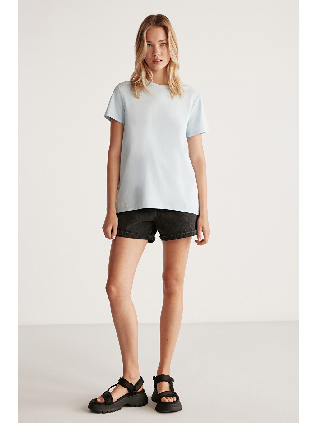 Mavi Samantha Kadın %100 Organik Pamuklu Comfort Fit Arkası Uzun Basic Örme AÇIK MAVİ T-Shirt-3