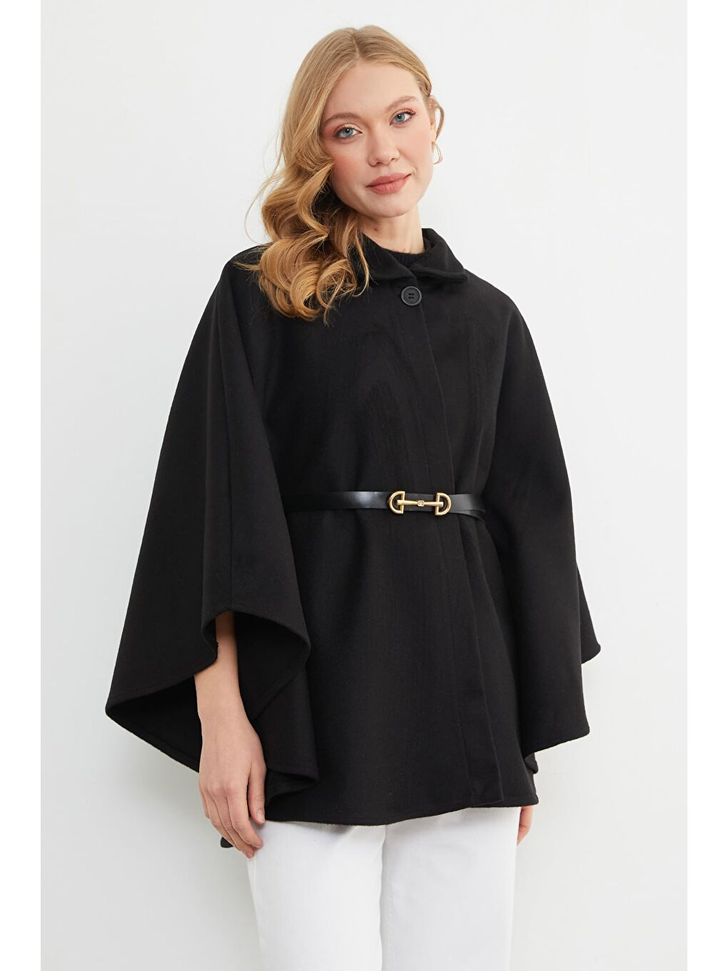 Siyah Kemerli Polo Yaka Kaşe Panço-1