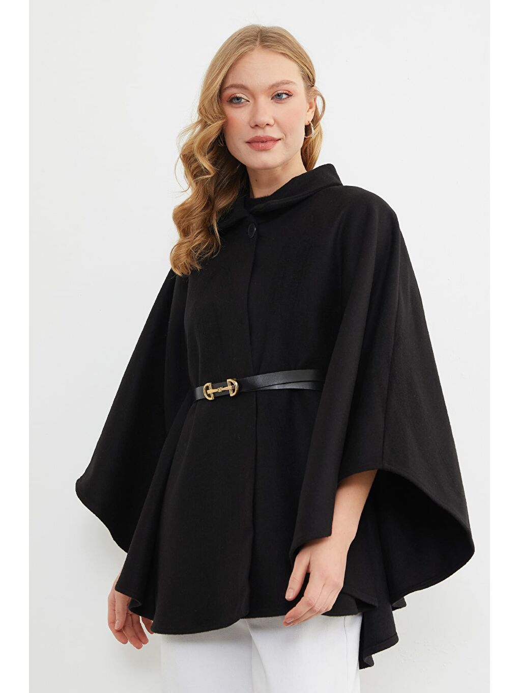 Siyah Kemerli Polo Yaka Kaşe Panço-2