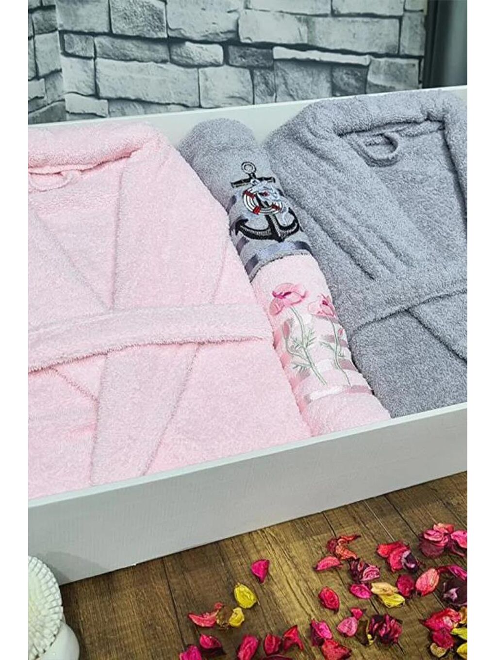 Karışık Çeyizlik Aile Bornoz Seti 4 Parça Pudra Gri-4