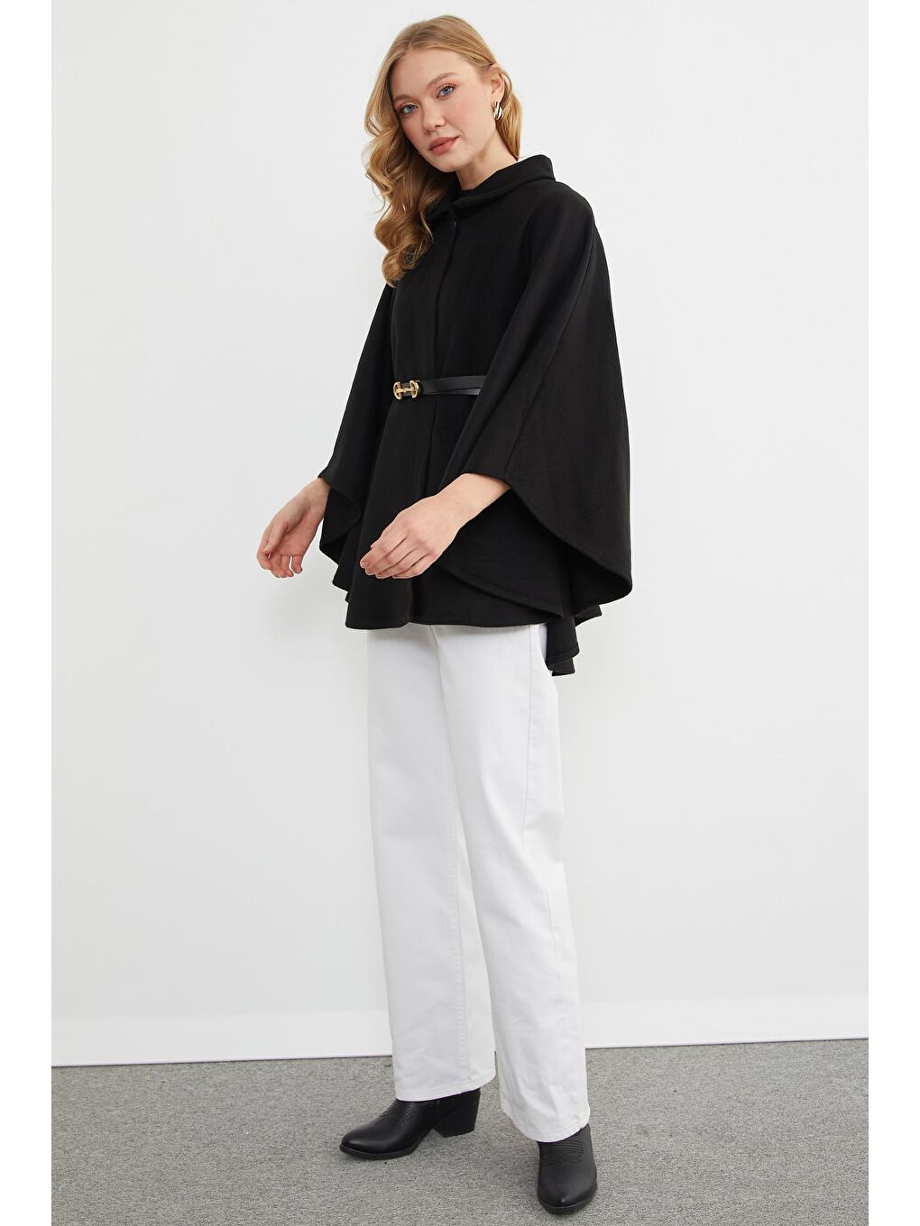 Siyah Kemerli Polo Yaka Kaşe Panço-3