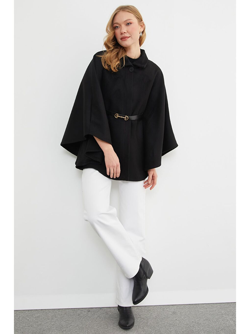 Siyah Kemerli Polo Yaka Kaşe Panço-4