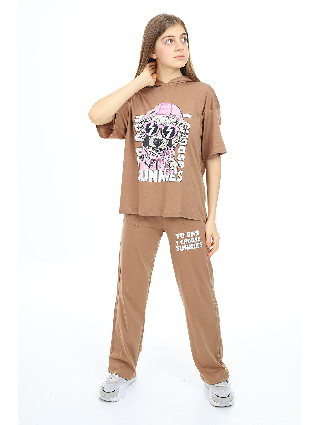 Kahverengi Kız Çocuk Kapüşonlu Alt Üst Yazlık Takım 12153