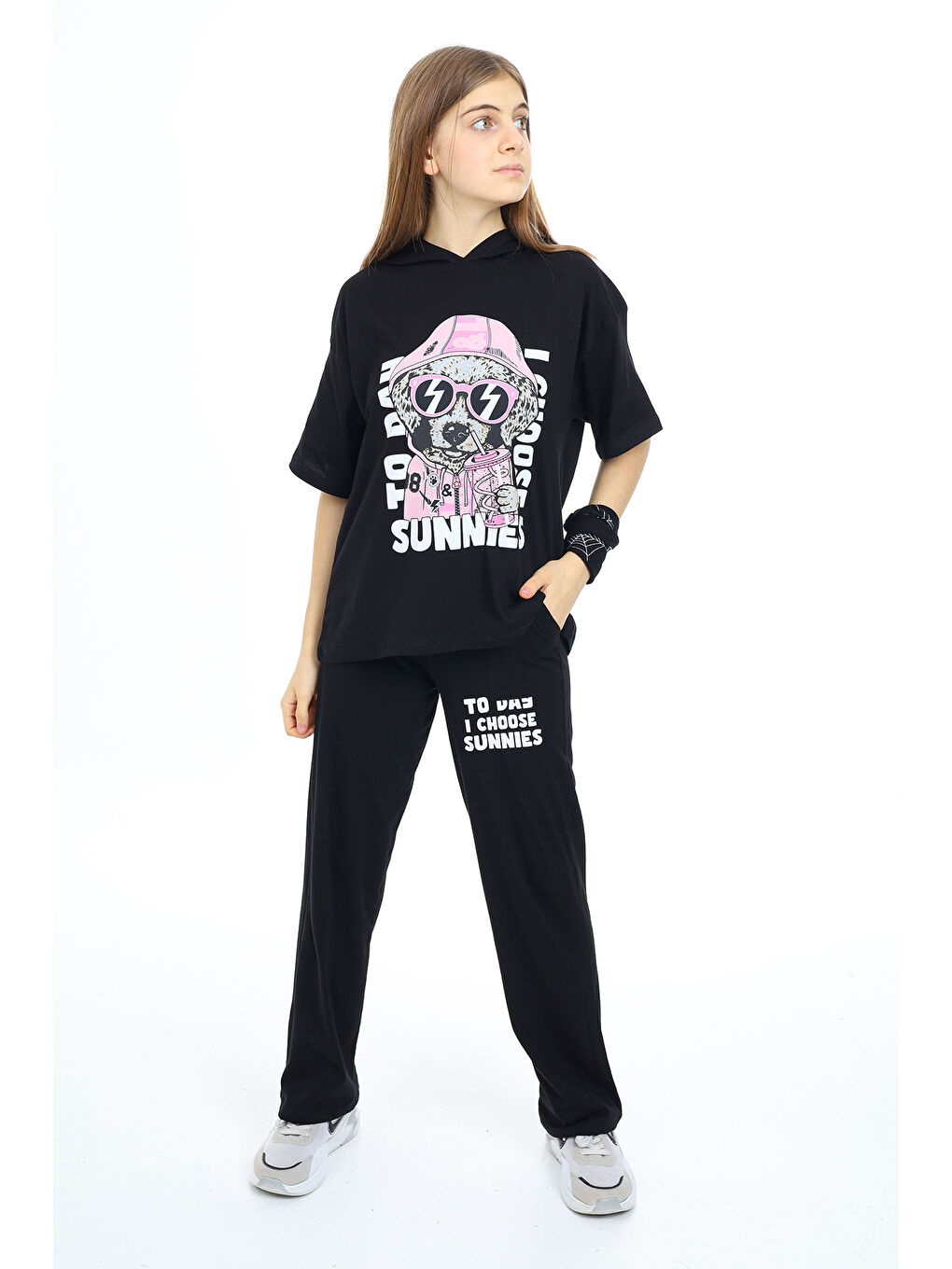 Siyah Kız Çocuk Kapüşonlu Alt Üst Yazlık Takım 12153