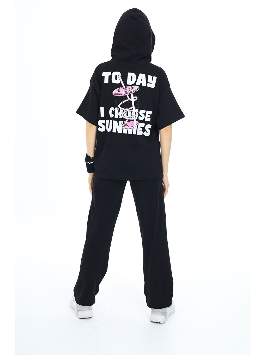 Siyah Kız Çocuk Kapüşonlu Alt Üst Yazlık Takım 12153-1