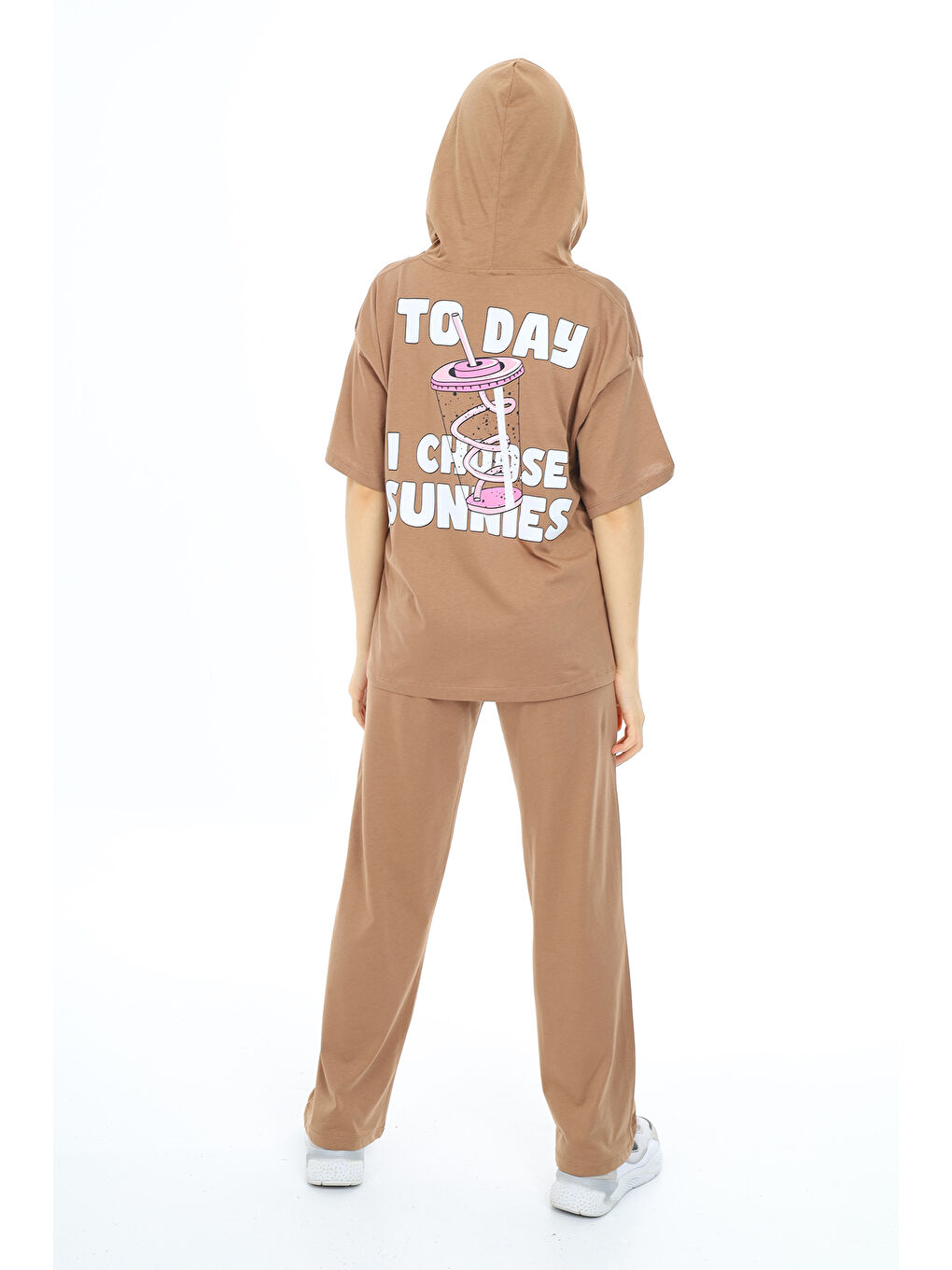 Kahverengi Kız Çocuk Kapüşonlu Alt Üst Yazlık Takım 12153-1