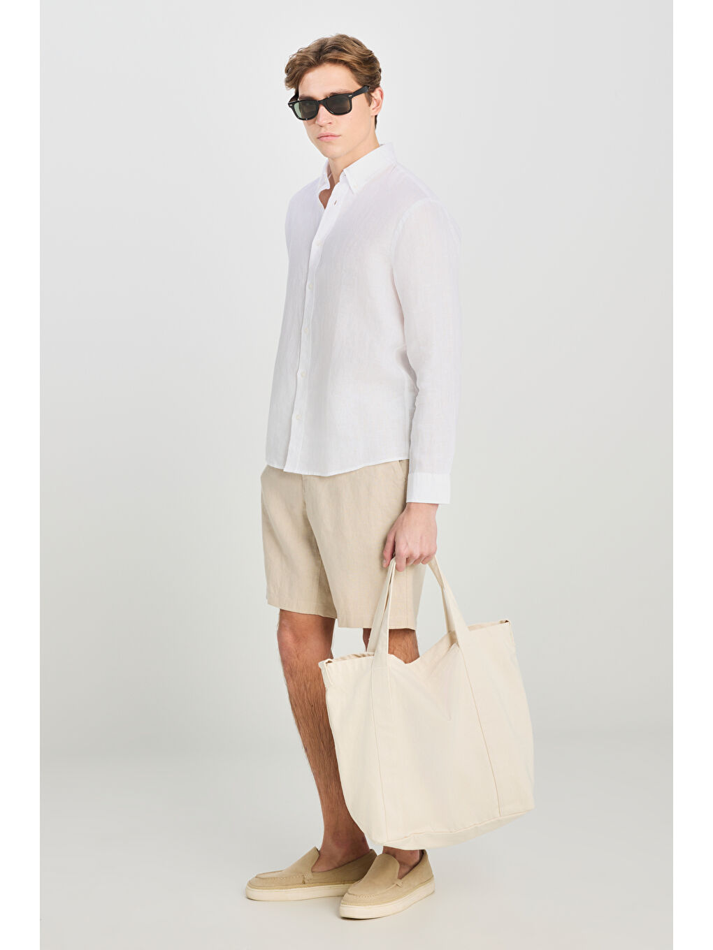 %100 Keten Regular Fit Normal Kesim Beyaz Gömlek-2