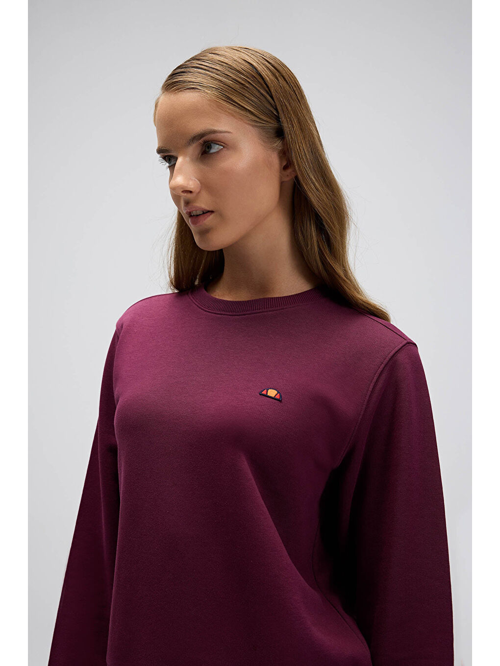 Bordo Pamuklu Regular Fit Bisiklet Yaka Logolu Sweat EF553-BRD-1