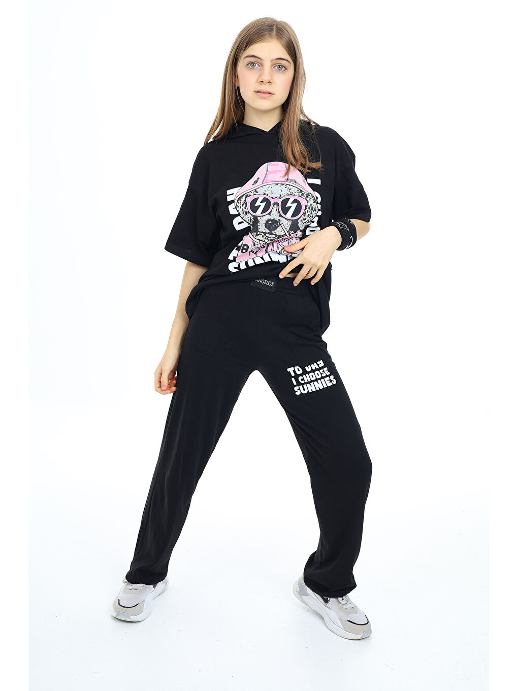 Siyah Kız Çocuk Kapüşonlu Alt Üst Yazlık Takım 12153-2