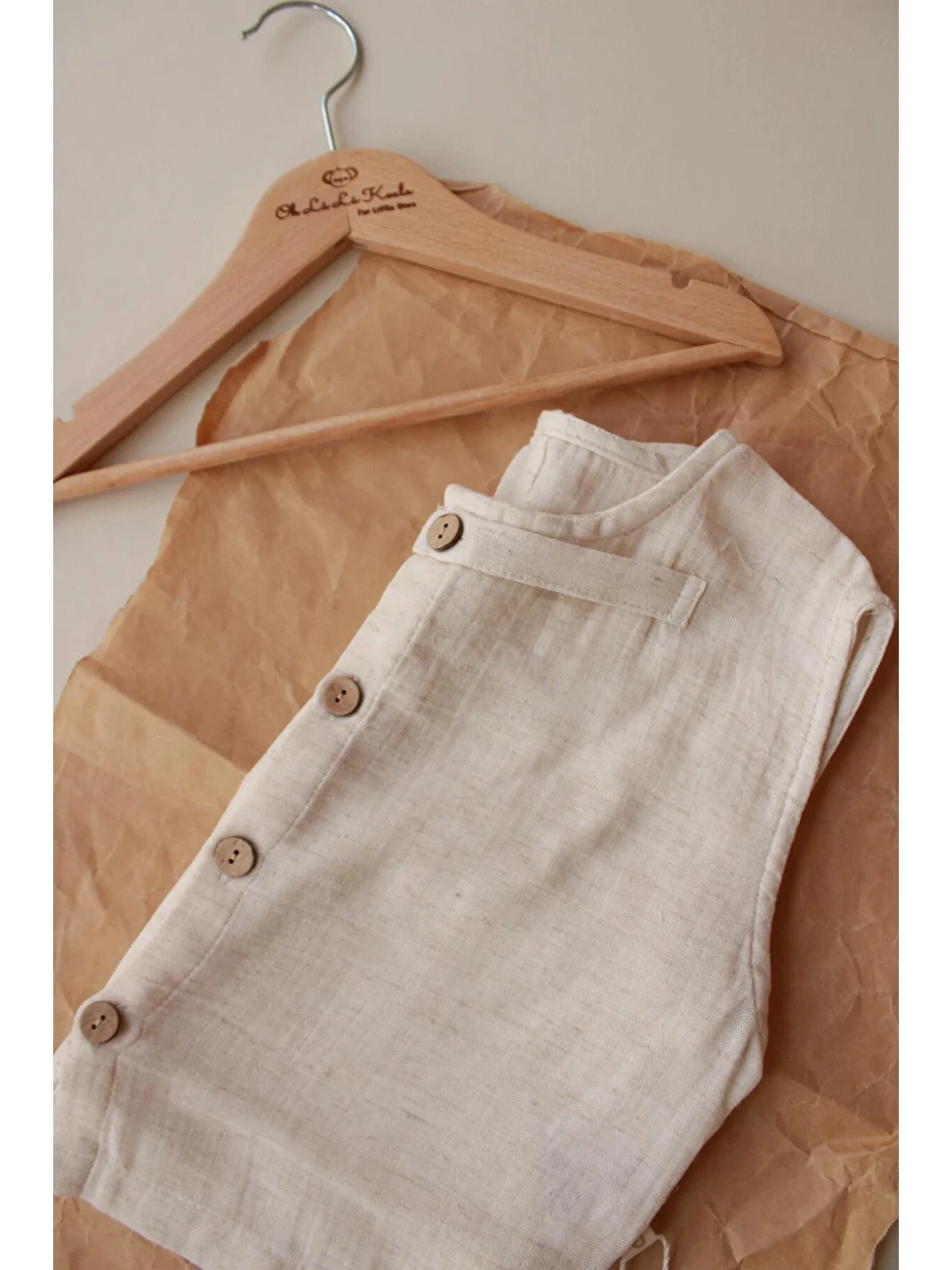 Bej Keten Asimetrik Unisex Yelek-2