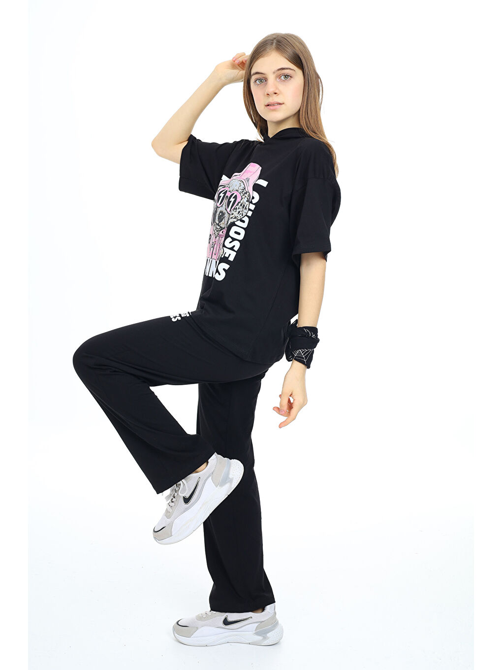 Siyah Kız Çocuk Kapüşonlu Alt Üst Yazlık Takım 12153-4