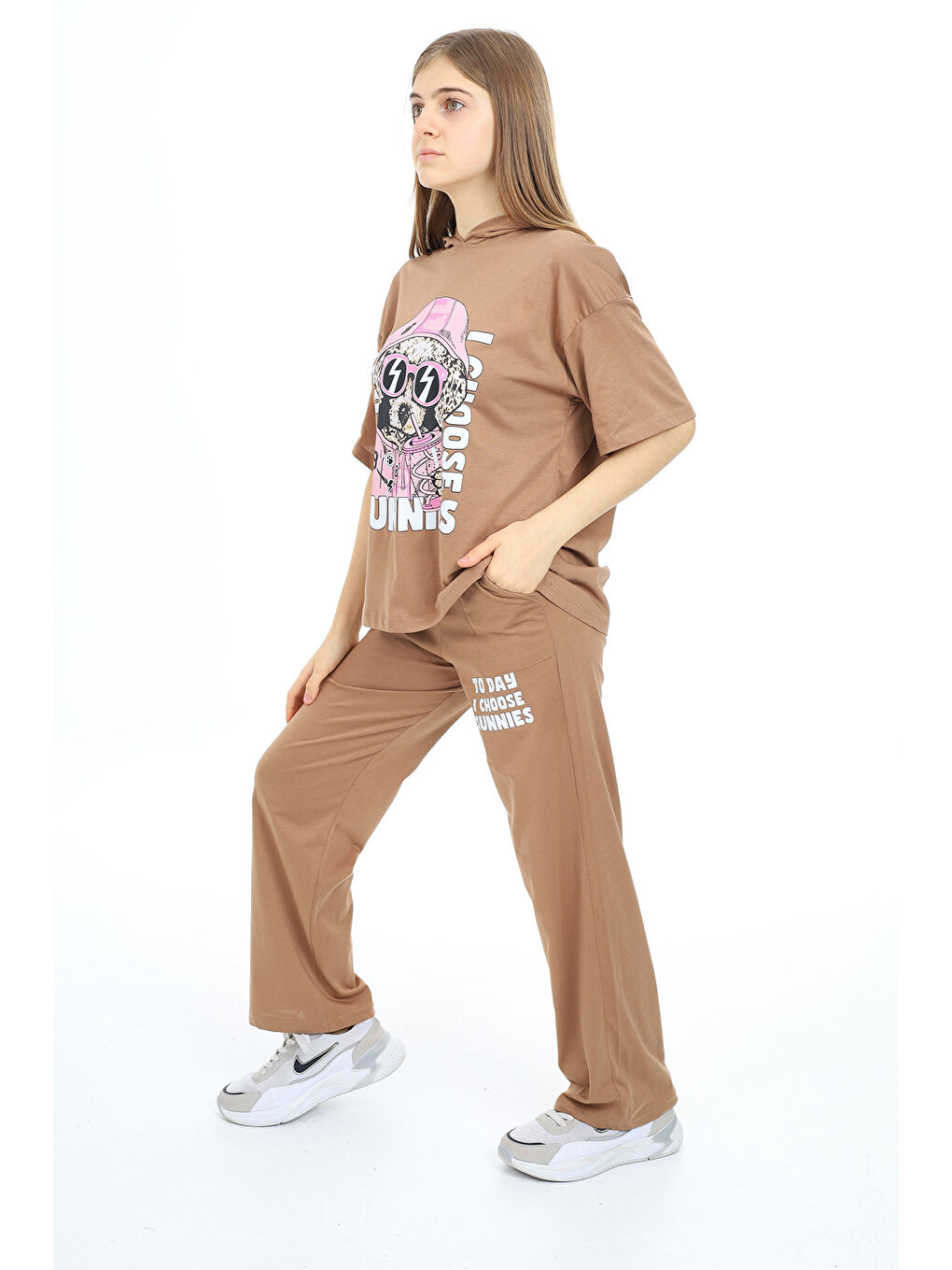 Kahverengi Kız Çocuk Kapüşonlu Alt Üst Yazlık Takım 12153-4