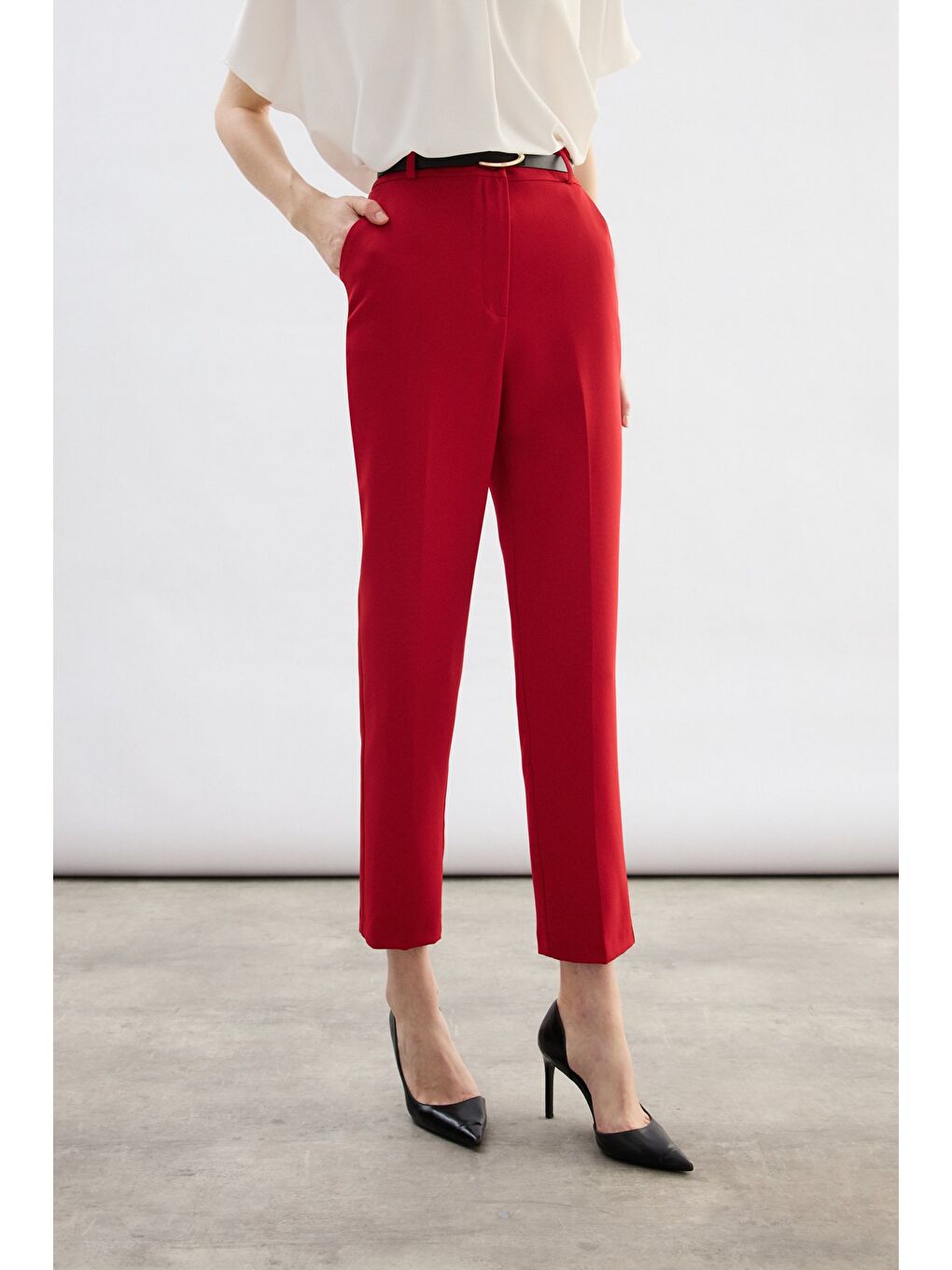 Kemerli Pantolon - Kırmızı-4
