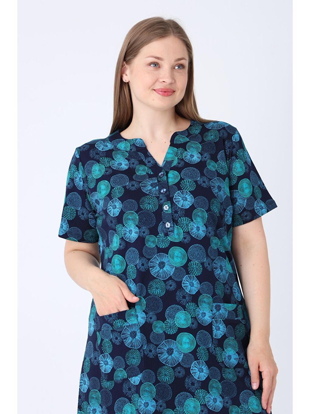 Lacivert Desenli V Yaka Düğme Detaylı Cepli Kısa Kollu Kadın Büyük Beden Pamuklu Elbise-2