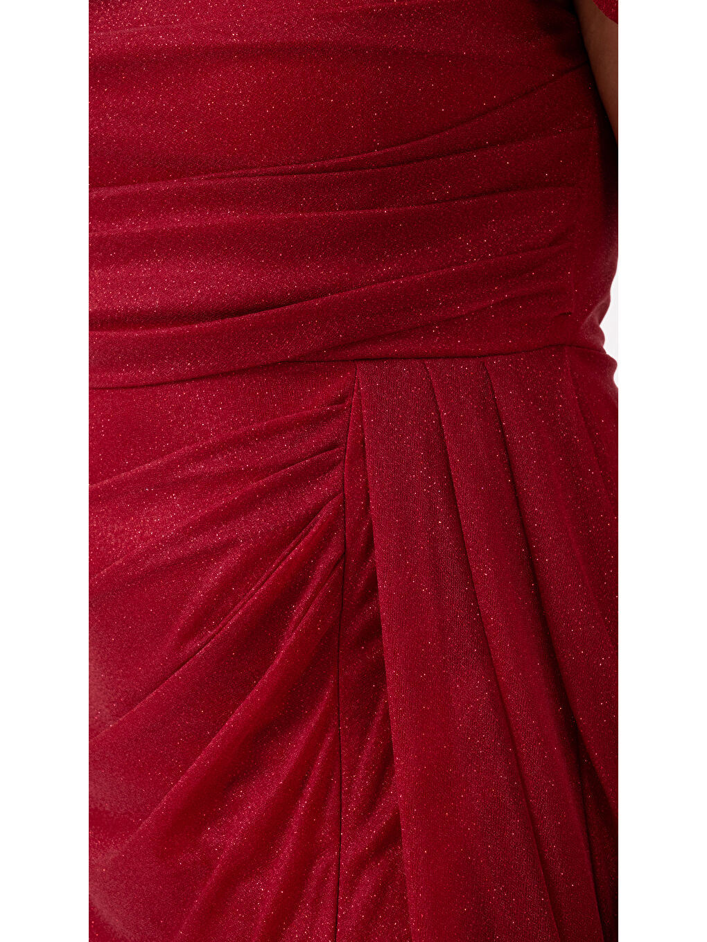 Kadın Bordo Kayık Yaka Drapeli Yırtmaçlı Uzun Simli Abiye Elbise-3