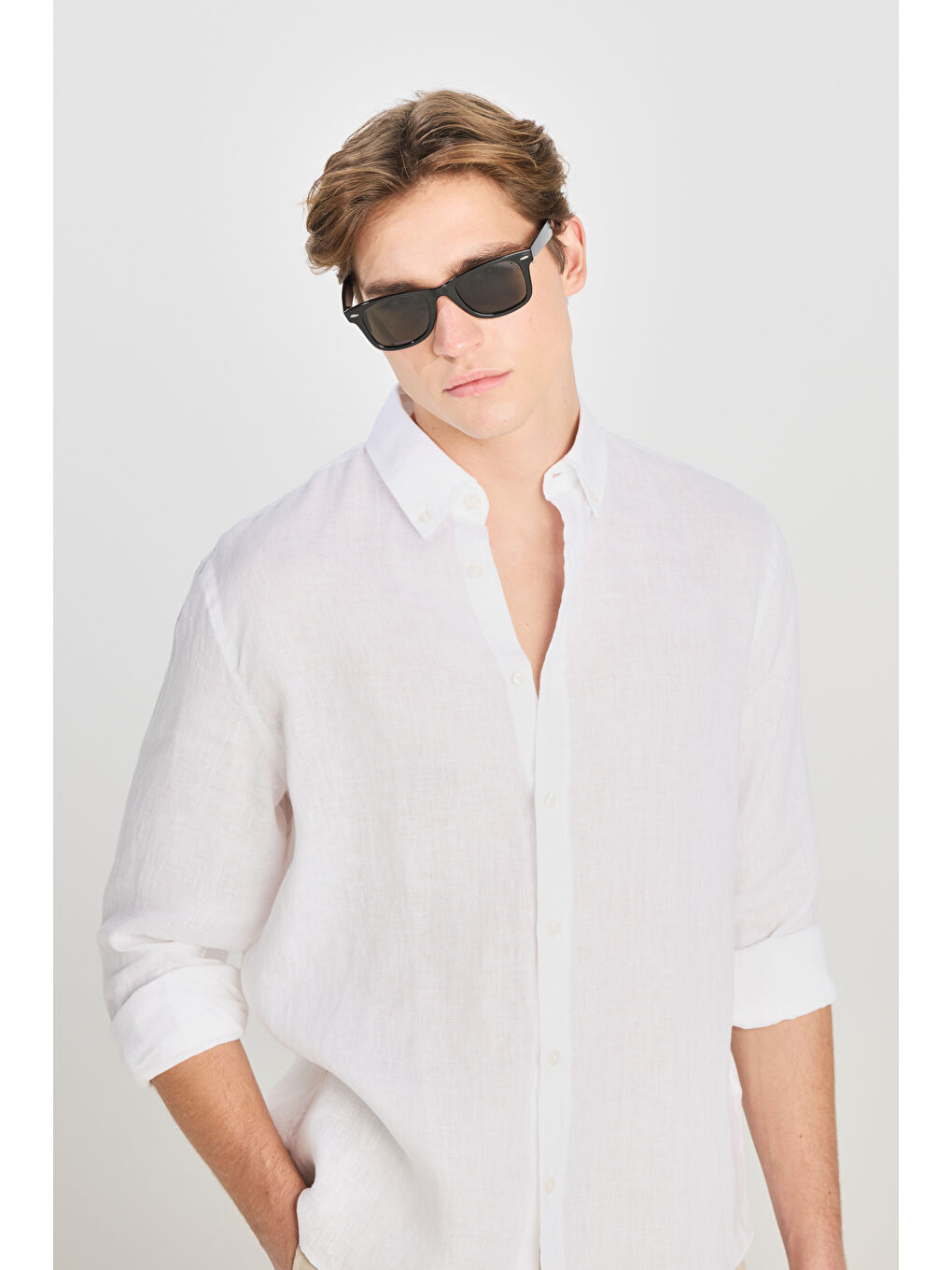 %100 Keten Regular Fit Normal Kesim Beyaz Gömlek-3