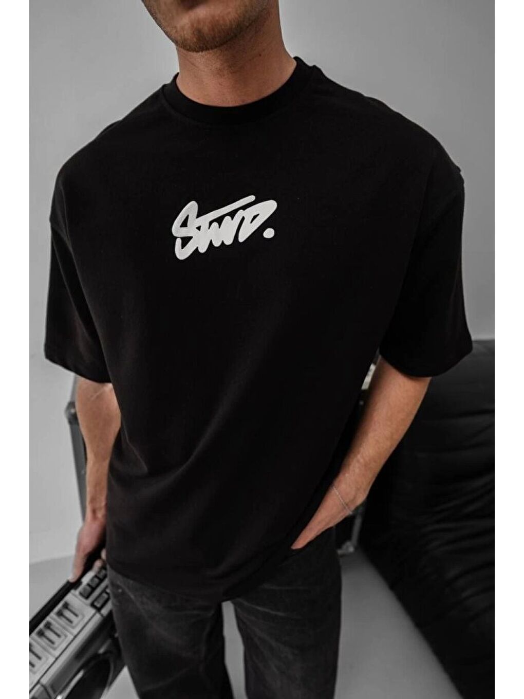 Erkek Baskılı Oversize T-shirt - Siyah
