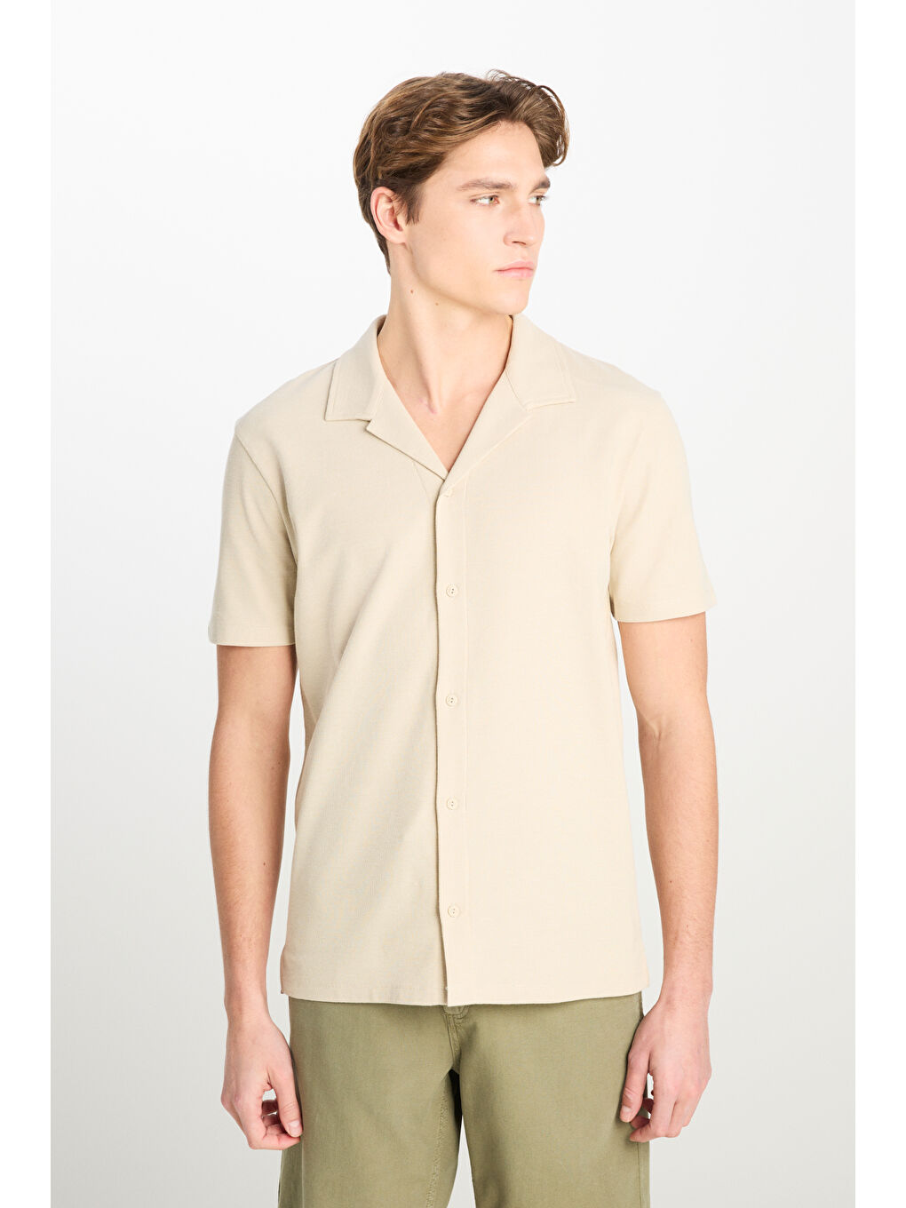 Kahverengi Relaxed Fit Geniş Kesim Deve Tüyü Pamuklu Gömlek-1