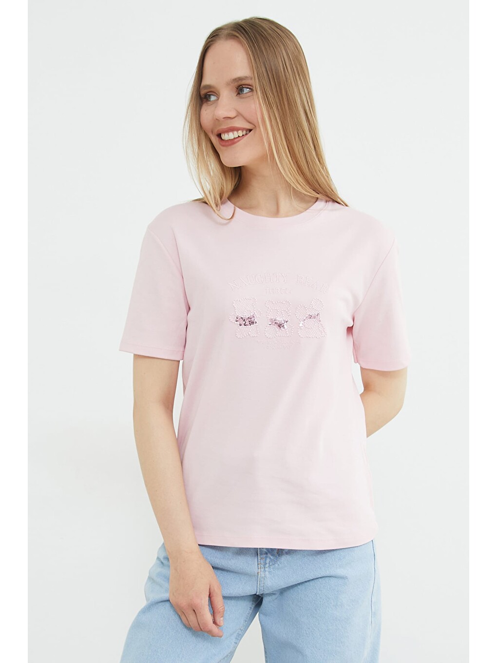 Pembe Pullu Ayıcık Nakışlı Bisiklet Yaka Tişört-1