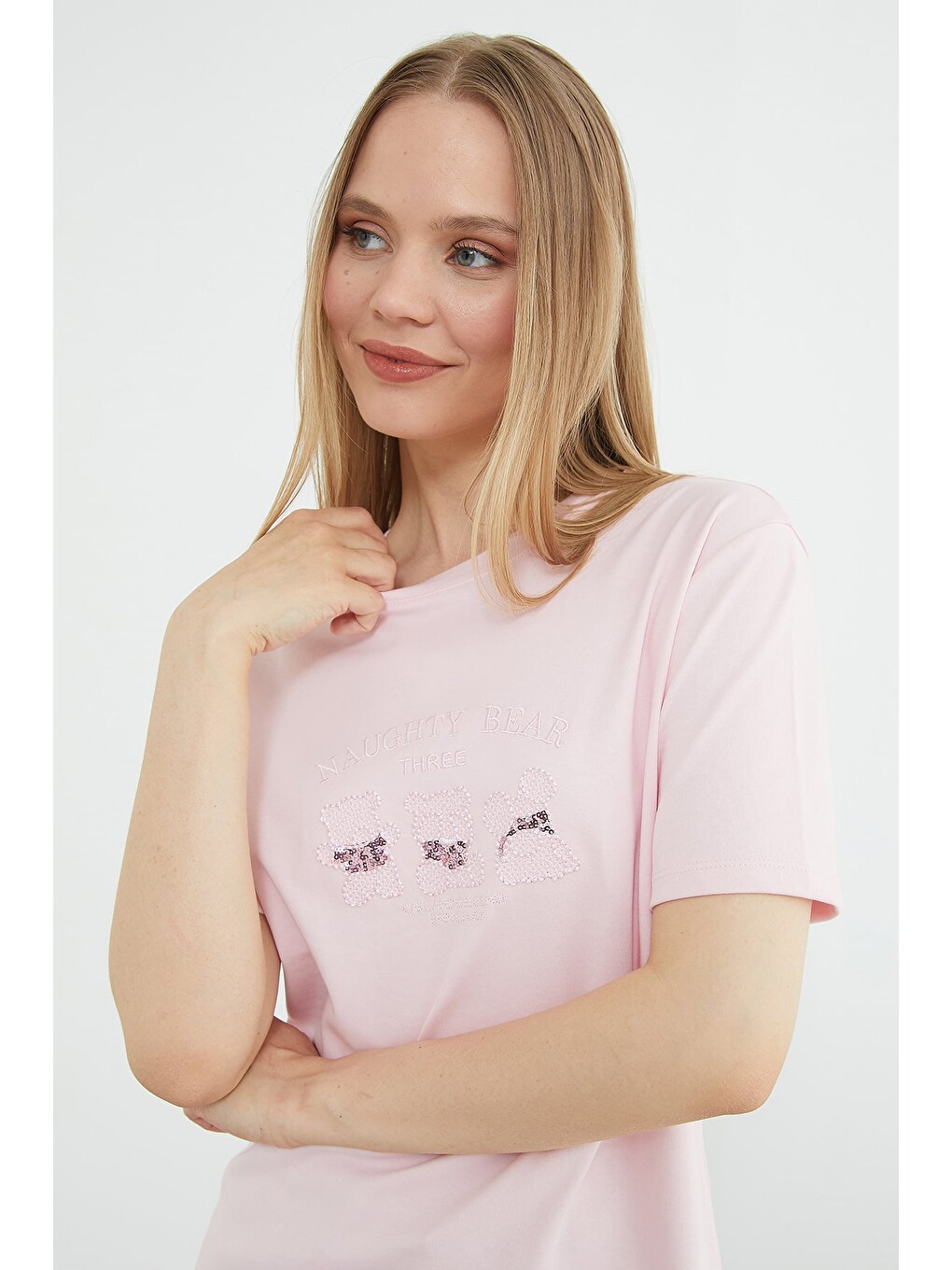 Pembe Pullu Ayıcık Nakışlı Bisiklet Yaka Tişört-4