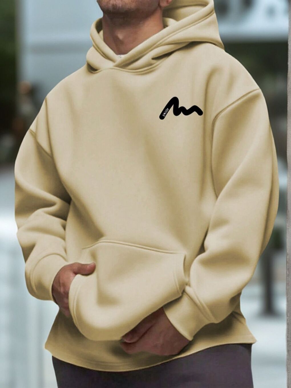 Bej Enjoy Baskılı Kapüşonlu Oversize Sweatshirt