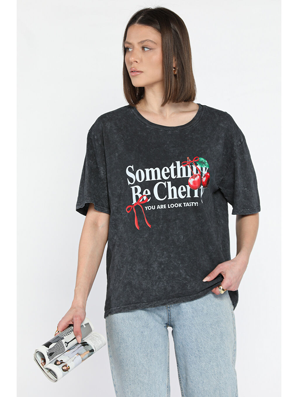 Gri Kadın Bisiklet Yaka Baskılı Tişört-1