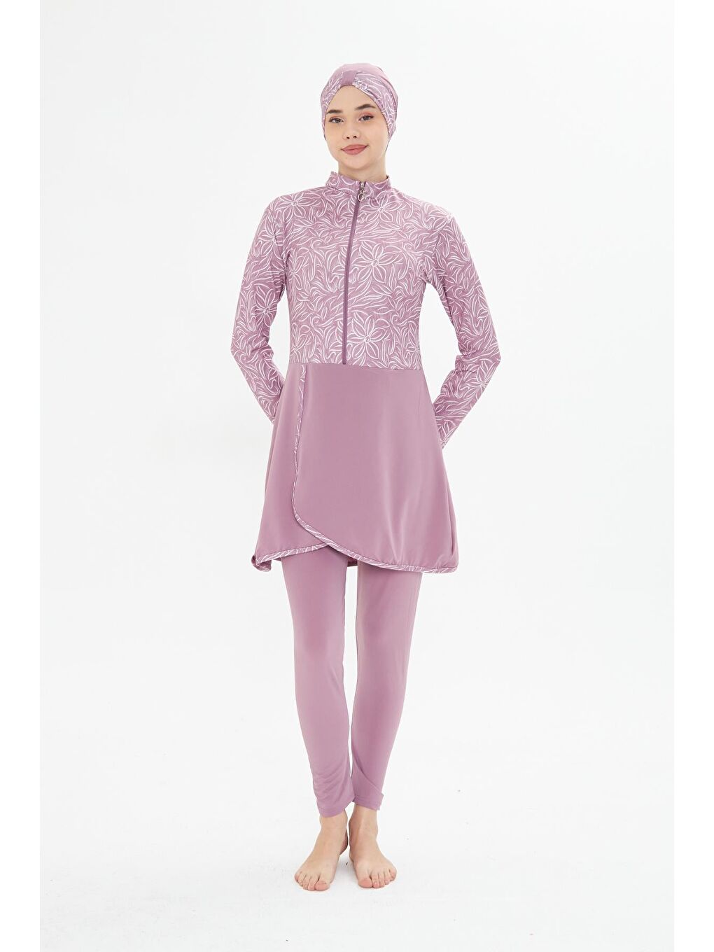 Tam Kapalı Elastanlı Desenli Etekli Tesettür Mayo Pembe 3483-P
