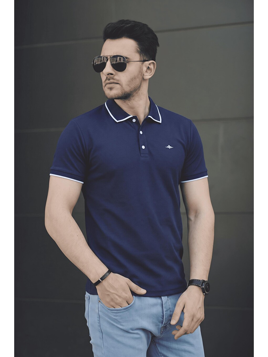 Lacivert Lufy Çıt Çıtlı Erkek Dokulu Polo Yaka Tişört - Şerit Detaylı-1