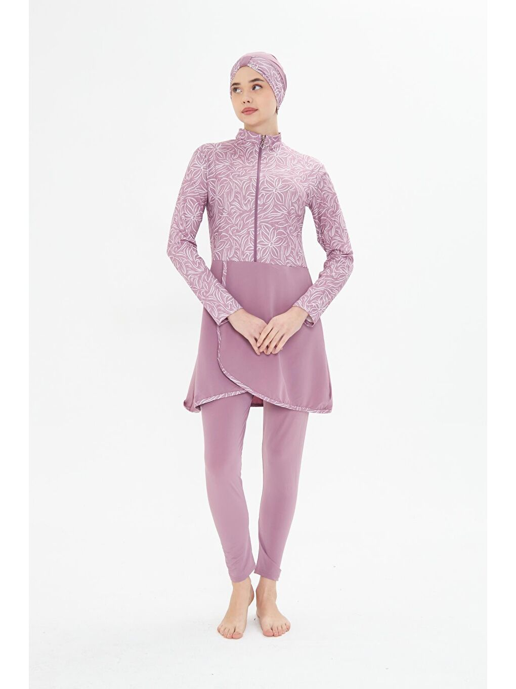 Tam Kapalı Elastanlı Desenli Etekli Tesettür Mayo Pembe 3483-P-1