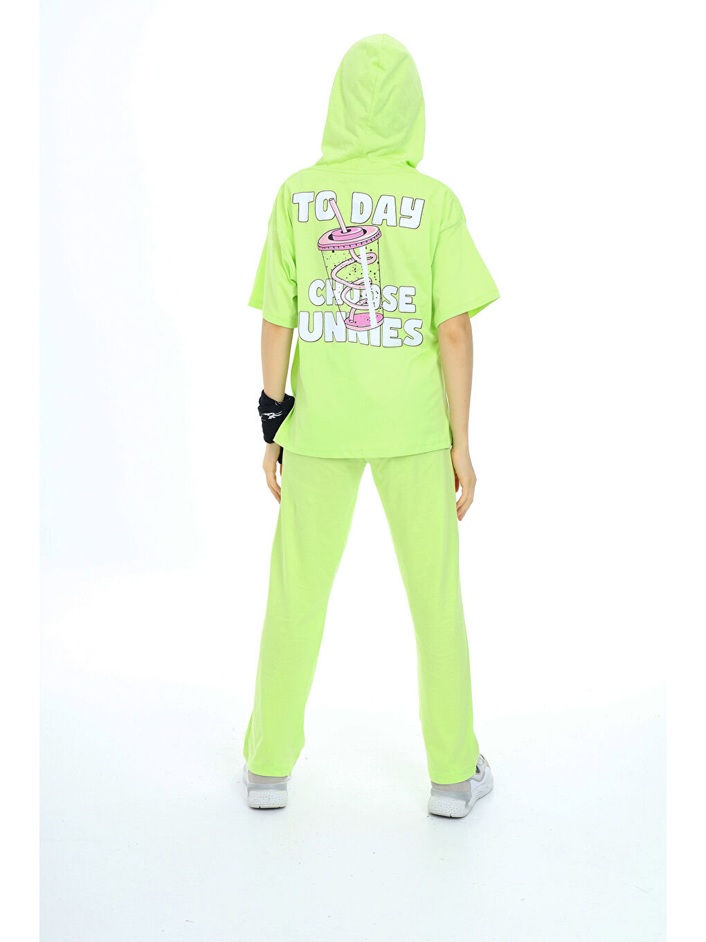 Yeşil Kız Çocuk Kapüşonlu Alt Üst Yazlık Takım 12153-1