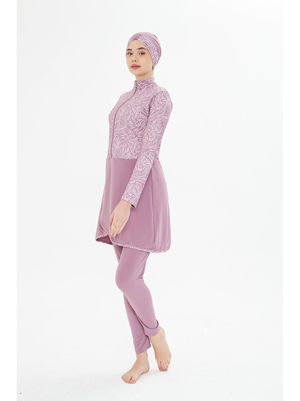 Tam Kapalı Elastanlı Desenli Etekli Tesettür Mayo Pembe 3483-P-2