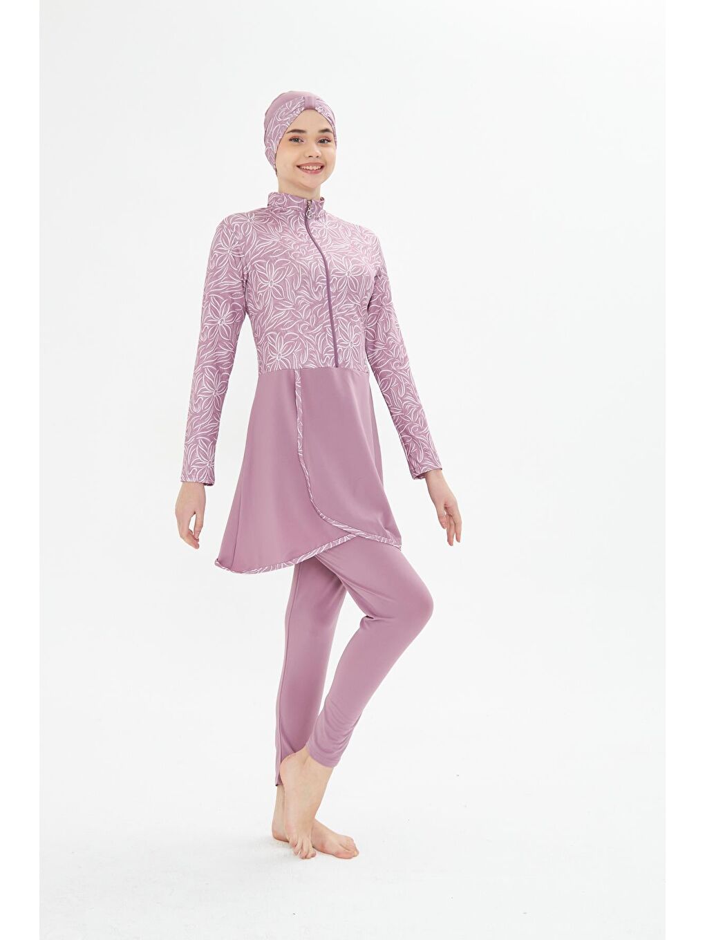 Tam Kapalı Elastanlı Desenli Etekli Tesettür Mayo Pembe 3483-P-3